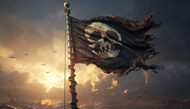 Foto una bandera pirata negra ondulada con hueso y cráneo está en el mástil