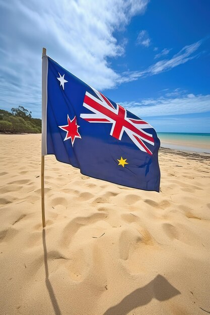 Una bandera en una playa con el cielo de fondo