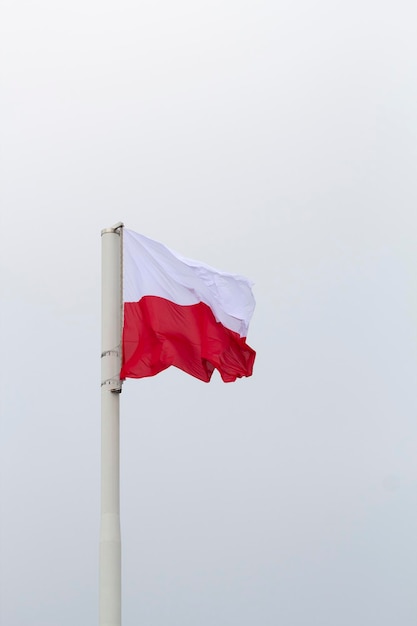 Una bandera polaca ondea en un poste en el cielo