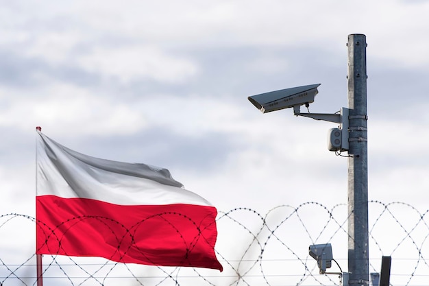 Bandera de Polonia detrás de alambre de púas y cámara de vigilancia.