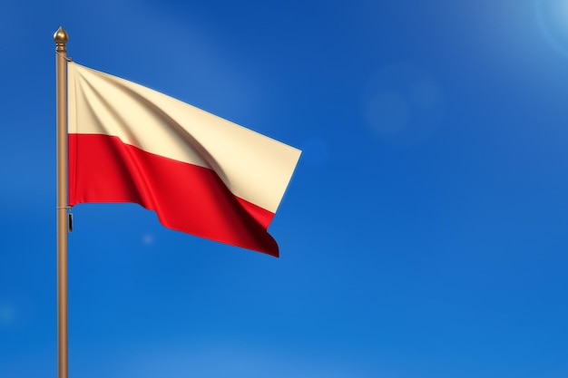 Bandera de Polonia soplada por el viento con cielo azul en el fondo