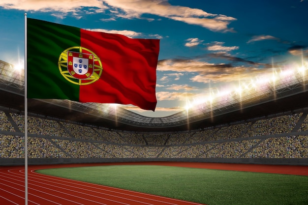 Bandera portuguesa frente a un estadio de pista y campo con ventiladores.