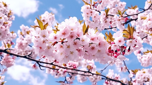 Bandera de primavera ramas de cerezo en flor contra el fondo del cielo azul