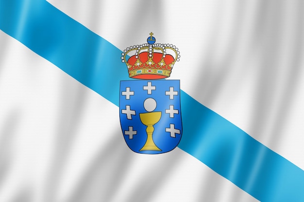 Bandera de la provincia de Galicia, España ondeando la colección de pancartas. Ilustración 3D