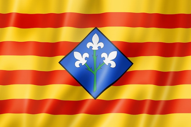 Bandera de la provincia de Lérida, España ondeando la colección de pancartas. Ilustración 3D