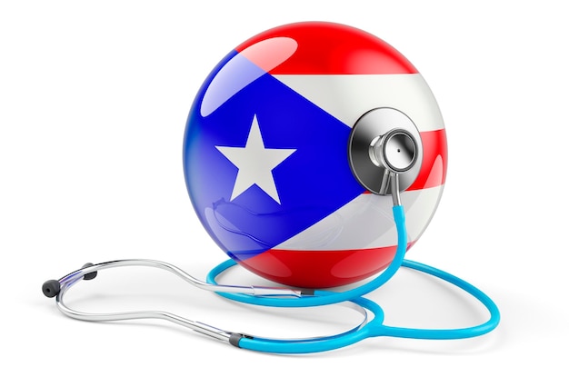 Bandera puertorriqueña con estetoscopio Atención médica en Puerto Rico concepto 3D rendering aislado sobre fondo blanco.