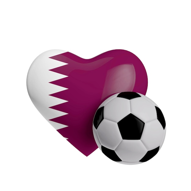 Bandera de Qatar en forma de corazón con un balón de fútbol Love football 3D Rendering