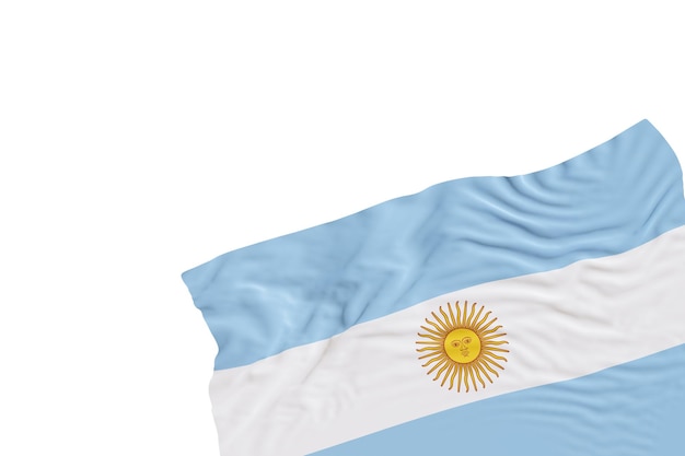 Foto bandera realista de argentina con pliegues aislados en fondo blanco elemento de diseño de la esquina del pie de página cortado perfecto para temas patrióticos o promociones de eventos nacionales espacio de copia vacío renderización 3d