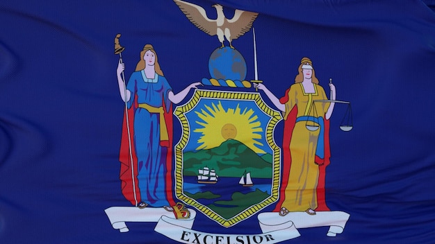 Bandera de la región del estado de Nueva York de los Estados Unidos ondeando en la representación del viento 3d