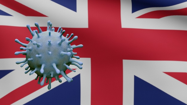 Bandera de Reino Unido ondeando y concepto de coronavirus 2019 nCov. Brote asiático en Gran Bretaña, los coronavirus de la influenza como casos peligrosos de la cepa de la gripe como una pandemia. Microscopio virus Covid19 de cerca.