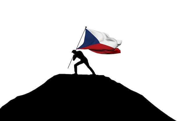 La bandera de la República Checa es empujada a la cima de la montaña por una silueta masculina 3D Rendering