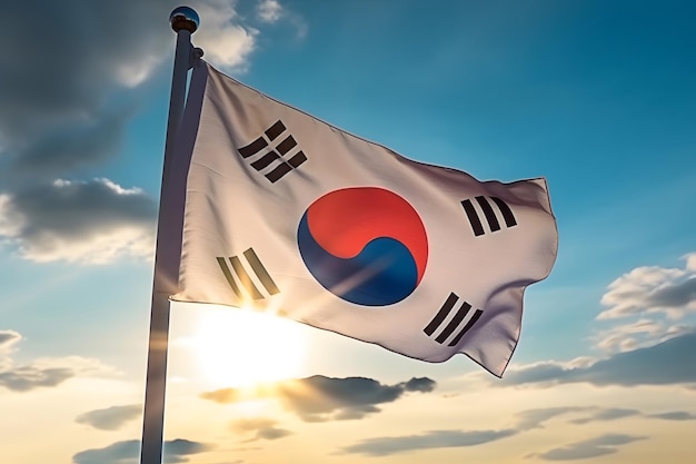 La bandera de la República de Corea en el fondo del cielo nublado fuera de la ROK es un país en el este de Asia