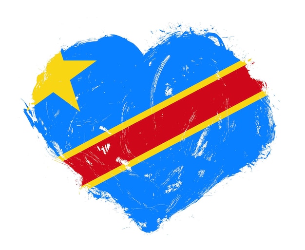 Bandera de la república democrática del congo en forma de corazón de pincel de trazo sobre fondo blanco