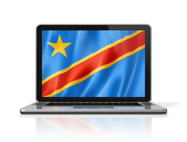 Bandera de la República Democrática del Congo en la pantalla del portátil aislado en blanco. Render de ilustración 3D.
