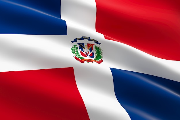 Bandera de República Dominicana. Ilustración 3d de la bandera dominicana ondeando