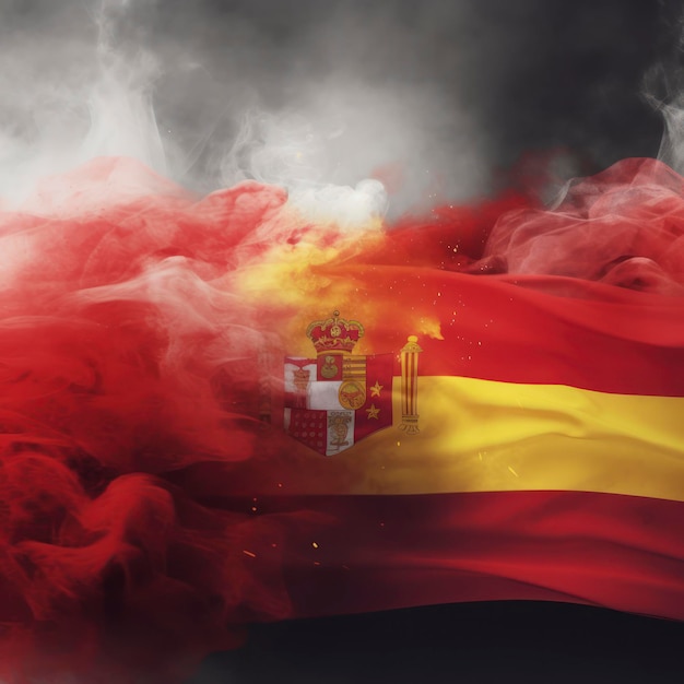 bandera roja amarilla con espacio para copiar con fútbol español y bandera española en humo