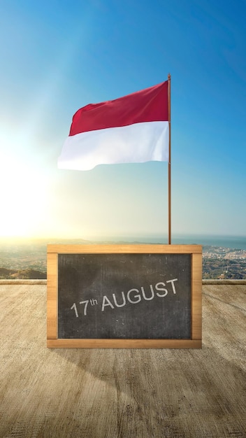 La bandera roja y blanca de la bandera indonesia con fondo de cielo azul