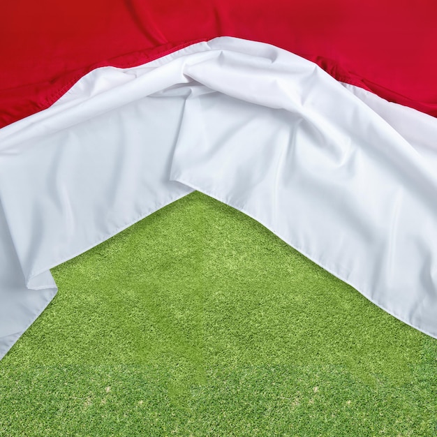 La bandera roja y blanca de la bandera indonesia con fondo de hierba verde