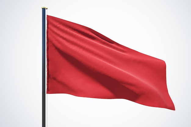 Bandera roja en blanco ondeando en el viento con espacio de copia para su logotipo o texto aislado en fondo gris claro Representación 3D simulada