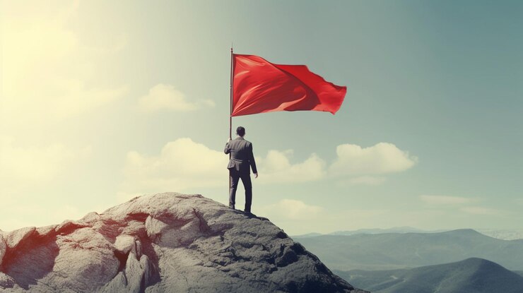 Una bandera roja en una montaña con un hombre de pie en itgenerative ai