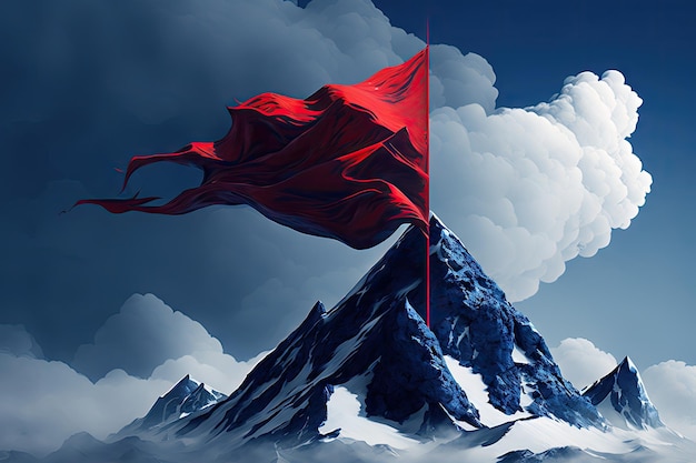 Bandera roja ondeando en la cima de un alto pico de montaña rodeado de nubes y cielos azules profundos
