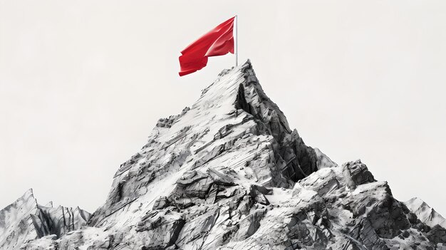 Bandera roja ondeando sobre un pico de montaña monocromático símbolo de victoria y logro ideal para fondos y diseños conceptuales AI