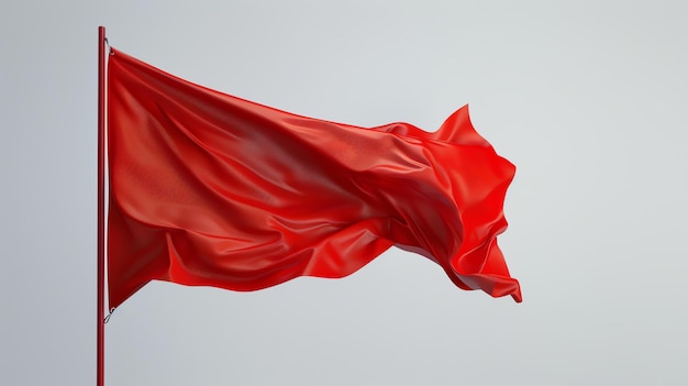 Foto una bandera roja soplando en el viento la bandera está hecha de un material sedoso y tiene un poste de metal la bandera está ondeando contra un fondo blanco