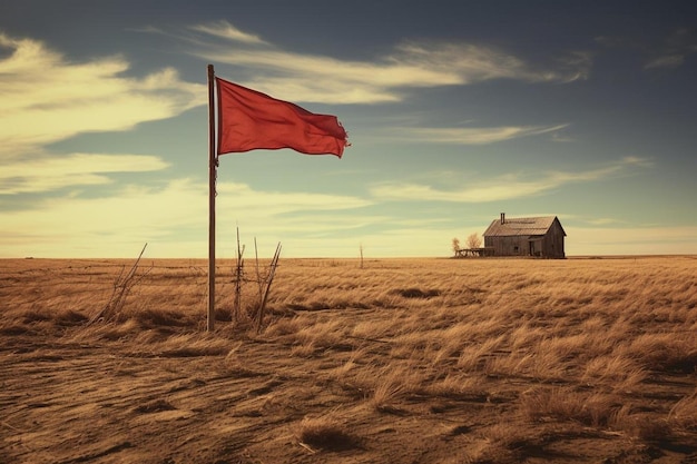 una bandera roja vuela sobre un campo con una casa en el fondo.