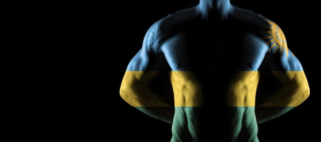 Bandera de ruanda en torso masculino musculoso con abs, fondo negro