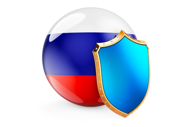 Bandera rusa con escudo Protección de Rusia concepto 3D renderizado