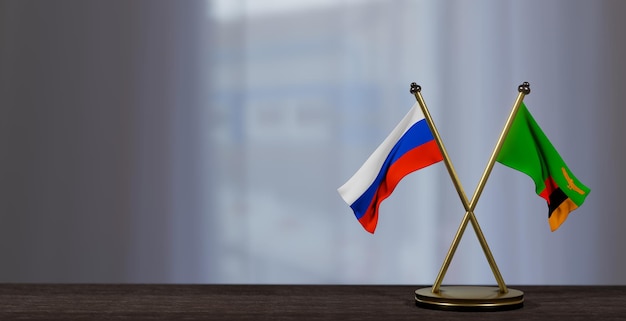 Una bandera rusa sobre una mesa con un fondo blanco.