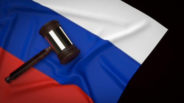 La bandera de Rusia y la madera de martillo para el concepto de negocio 3d renderizado