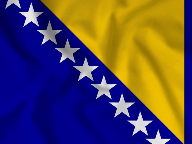 Bandera de satén de seda textil de textura realista en primer plano de Bosnia y Herzegovina