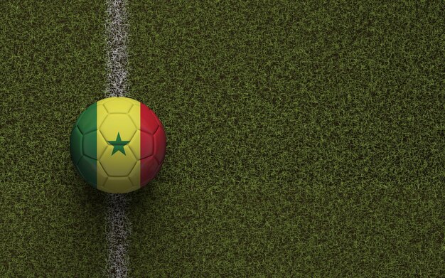 Bandera de Senegal fútbol en un campo de fútbol verde 3D Rendering