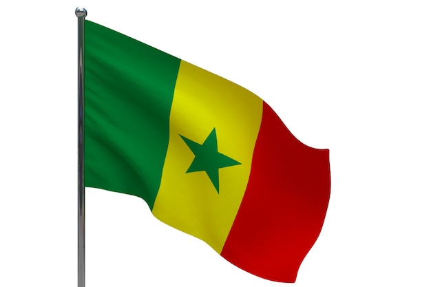 Bandera de Senegal en la pole. Asta de bandera de metal. Bandera nacional de Senegal ilustración 3D en blanco