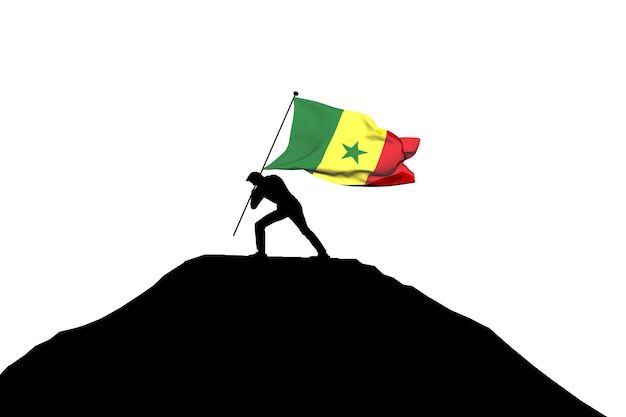 Bandera de Senegal siendo empujada hacia la cima de la montaña por una silueta masculina 3D Rendering