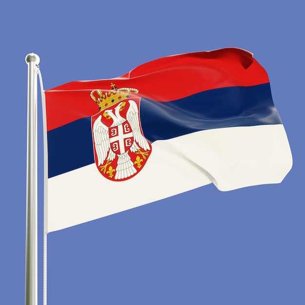 Foto bandera de serbia en el asta de la bandera ondeando en el viento aislado sobre fondo de cielo azul