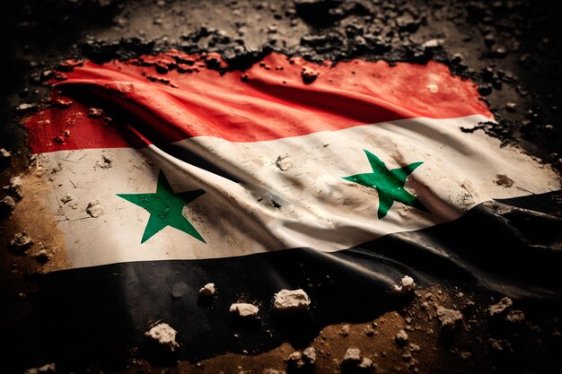 Foto bandera de siria en los colores rojo, blanco, verde y negro con dos estrellas verdes concepto relacionado con el