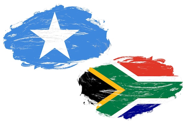 Bandera de Somalia y Sudáfrica juntas sobre un fondo de pincel de trazo blanco