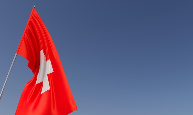 Bandera de Suiza en el asta de la bandera sobre fondo azul Lugar para el texto La bandera se despliega en el viento Suiza Berna Europa Ilustración 3D