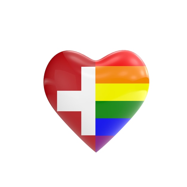 Bandera suiza y bandera arco iris LGBT gay en forma de corazón Concepto de derechos gay Representación 3D