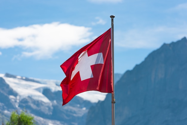 Bandera suiza contra las montañas de los Alpes. Disparo horizontal con un enfoque selectivo