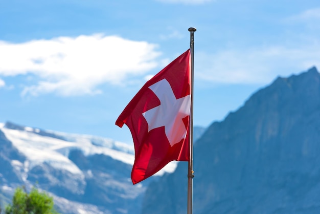 Bandera suiza contra las montañas de los Alpes