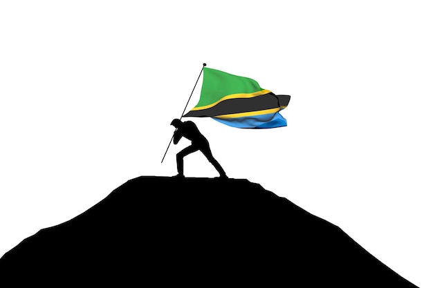 Bandera de Tanzania empujada hacia la cima de la montaña por una silueta masculina 3D Rendering