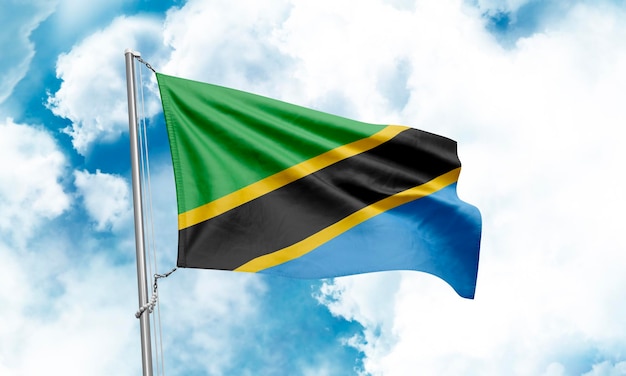 Bandera de Tanzania ondeando en el fondo del cielo 3D Rendering