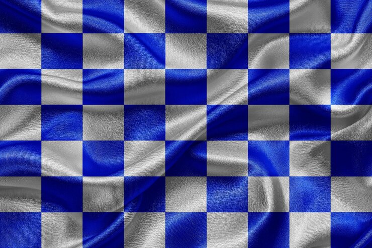 Foto bandera de tela de golf azul a cuadros con pliegues ondulantes