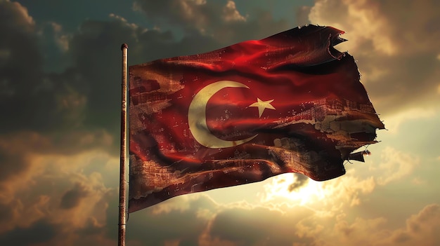 Una bandera turca destrozada cuelga de un mástil contra un cielo tormentoso La bandera está en jirones con agujeros y lágrimas en la tela