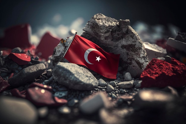 Foto bandera turca en medio de los escombros del terremoto símbolo de resiliencia y unidad