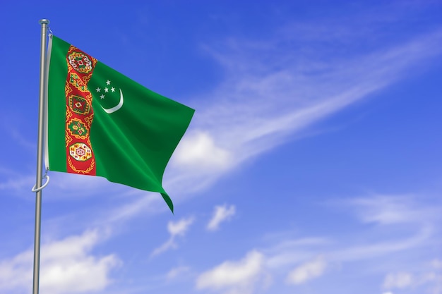 Bandera de Turkmenistán sobre fondo de cielo azul Ilustración 3D