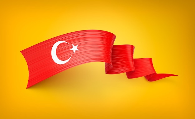 Bandera de Turquía brillante agitando banda retorcida Bandera aislada en fondo amarillo Ilustración en 3D